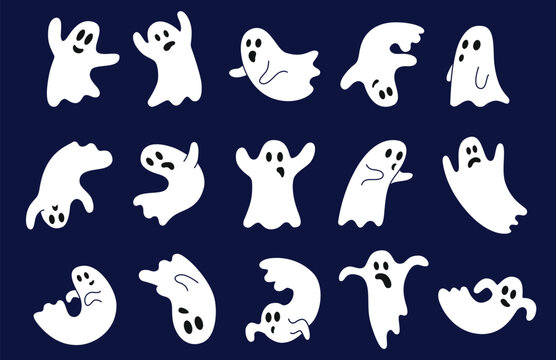 White ghosts characters. Halloween ghost different poses. Emotional autumn festival persons. Cartoon characters in white fabric, vector set