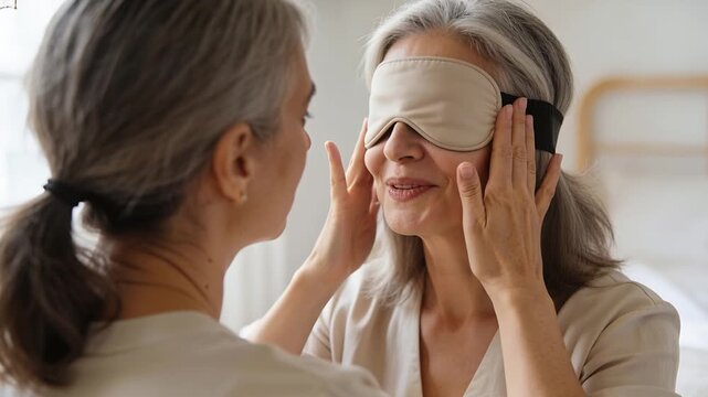 Reaching for beige mask, left woman adjusting elastic strap over her eyes in bedroom, ensuring rest