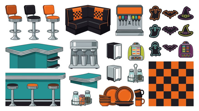 Retro diner furniture vector icons, bar stools and counter, soda fountain, booth seating, pumpkin and witch hats, spooky buffet supplies, vintage restaurant interior elements