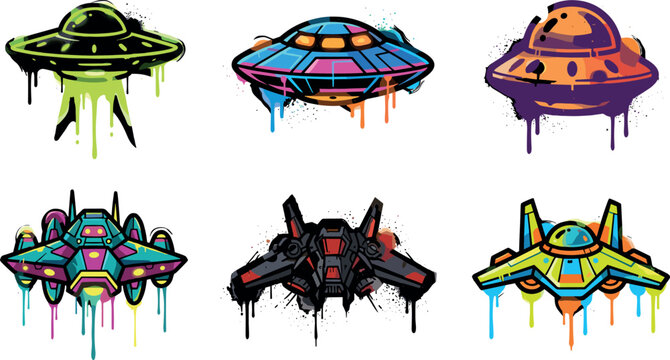 Sci-Fi UFO and Alien Spaceship Icon Vector Set with Vibrant Neon Colors and Street Art Graffiti Paint Drip Elements