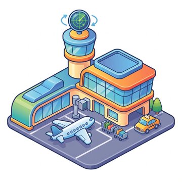 Isometric cartoon airport terminal with airplane and control tower