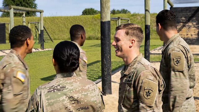 Celebrating group of six US Army soldiers in camo giving high fives after obstacle run