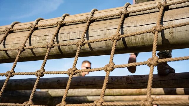 Right foot starting camo-pants tan-boots climbing rope net to top log for training, partner below
