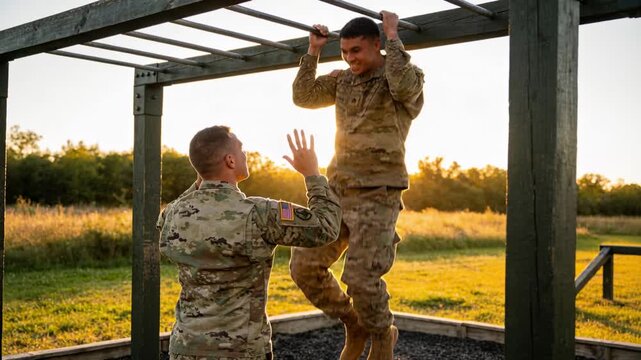 Hanging trainee in camo gripping monkey bars at course, coach raising fist counting reps