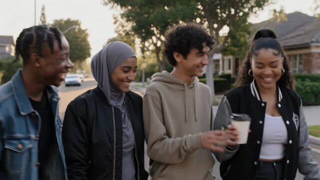 Walking four teens, hijab and hoodie, passing to-go coffee cup to bond on street, camera panning