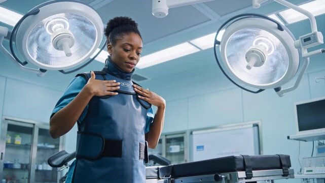 Preparing for surgery, surgeon in blue scrubs fastening dark lead vest at OR, with surgical lights