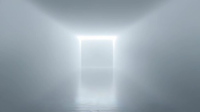 A sleek, luminous tunnel leads to a radiant square portal, creating a sense of infinity and serenity. The reflective floor and soft mist evoke futuristic and meditative vibes