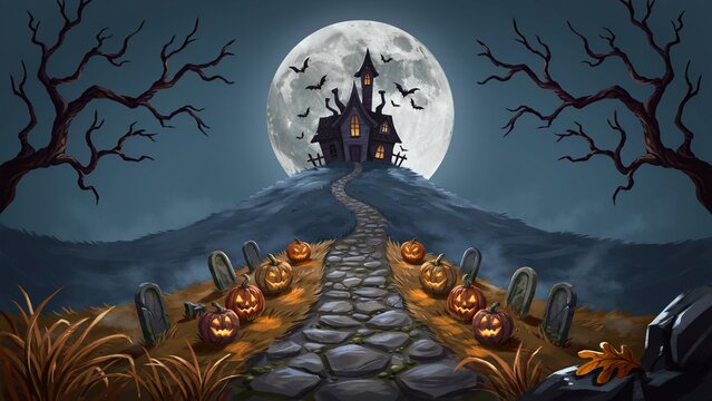 Spooky halloween background featuring a haunted house on a hill with a full moon and glowing jack o lanterns pathway