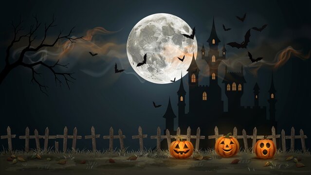 Spooky halloween night scene featuring glowing jack o lanterns in front of a haunted castle under a full moon background