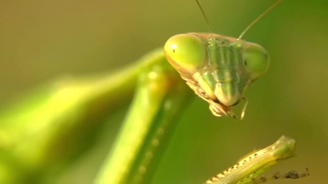 Macro Praying Mantis Chewing Grasshopper Leg Mantodea Biological Pest Control 4K