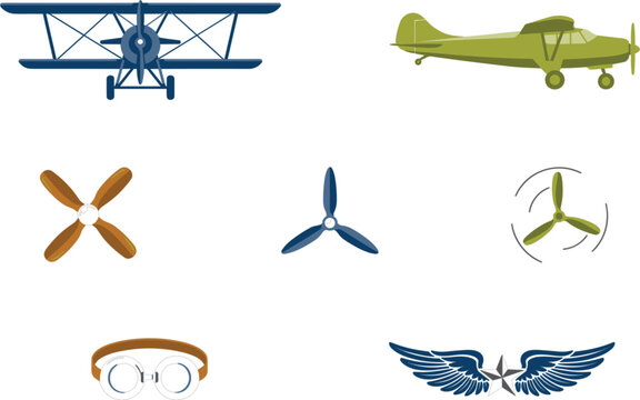 Vintage Aviation Vector Element Set with Retro Biplane, Monoplane, Propellers, Pilot Goggles, and Winged Insignia Badges for Flight History Designs
