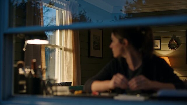 Handling parts, woman wearing dark sweatshirt hearing noise and turning and checking by desk lamp