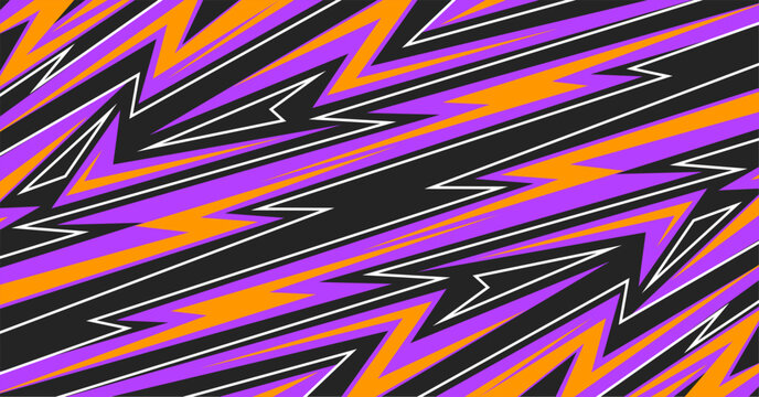 Abstract futuristic zigzag stripe pattern with bold neon purple and orange accents on a black background. Dynamic geometric vector design with high energy lightning shapes, ideal for esports graphics