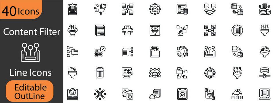 Content Filtering Outline Icon Pack including search options, blocked content, safe mode, category filter, approval, moderation tools, and editable stroke icons for interface and software projects.