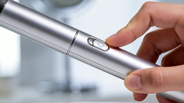 Pressing thumb on silver pen, hand activating power button at bathroom vanity, powering device on