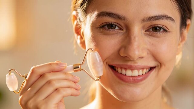 Holding rose quartz roller, adult woman rolling upward on right cheek at vanity for skincare