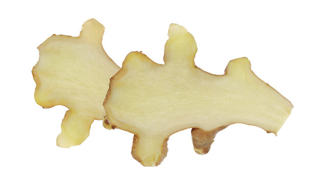 Fresh ginger root slice flying, isolated on white background, clipping path