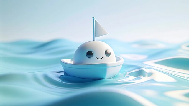 Rising waves pushing toy boat with smiling passenger bobbing on turquoise water, showing flag