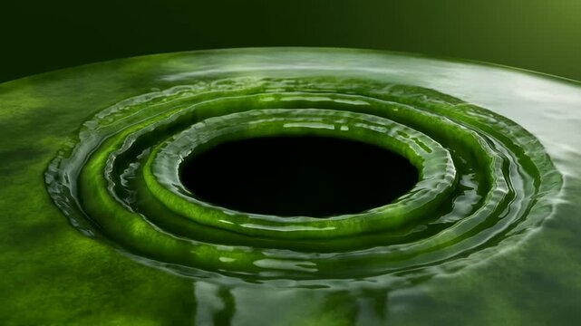 Green Liquid Ripples With Central Vortex And Glossy Surface Texture in 3d Render Illustrating Fluid Dynamics And Motion