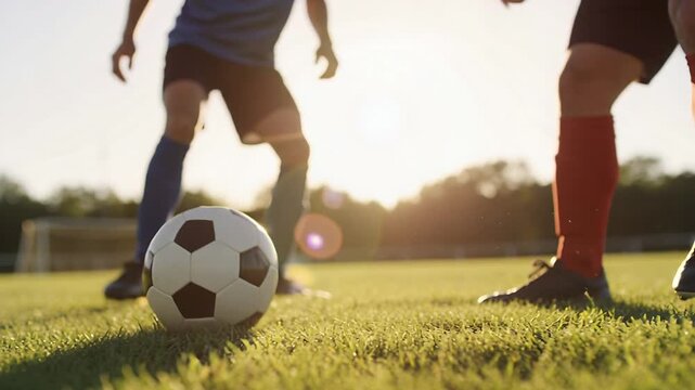 Shifting as blue opponent approaching, red socks player tapping ball forward on turf shielding ball