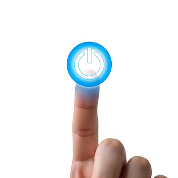 Human finger touching a glowing blue clock icon on white screen