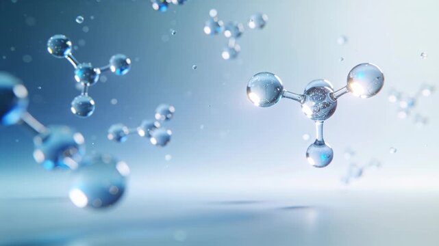 Moving camera nudging ball-stick molecule forward, molecule rotating over plane revealing bonds