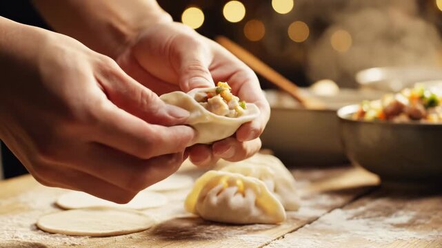 A dedicated chef carefully shapes freshly prepared dough wrappers filled with savory meat and seasoned vegetables while working in an authentic kitchen environment during the traditional food