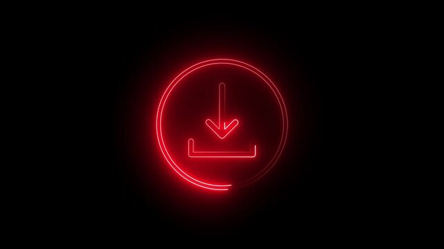 Glowing red neon download icon animation inside circle on black background, futuristic electric file save symbol, cyber digital data transfer motion graphic UI UX design video element.