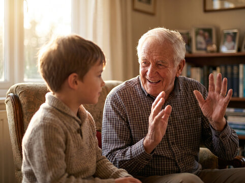 Elderly grandfather telling stories to young grandson with animated expression