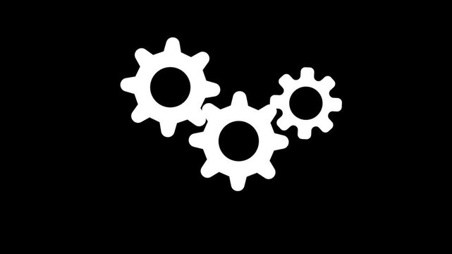 Animated white rotating gears cogs mechanism on black background, mechanical team work concept, system processing configuration settings loader icon UI UX motion graphic video design element.