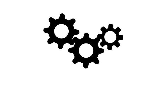 Animated black rotating gears cogs mechanism on white background, mechanical team work concept, system processing configuration settings loader icon UI UX motion graphic video design element.