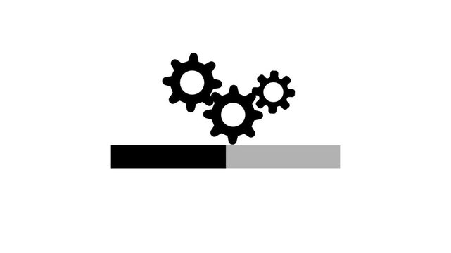 Animated loading progress bar with rotating gears cogs on white background, system processing update status indicator, mechanical setting loader motion graphic UI UX design video element.