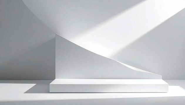 Minimalist white studio stage with geometric shapes and dramatic light and shadow