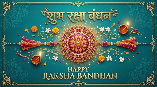 Happy Raksha Bandhan Vector Banner with Shubh Raksha Bandhan Hindi Calligraphy, Elegant Rakhi Thread, and Decorative Mandala Ornaments on Teal Background