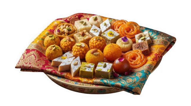 Assortment of traditional colorful Indian sweets in decorative tray display
