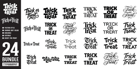 Trick or treat halloween typography bundle with twenty four creative lettering styles including calligraphy and bold fonts for festive holiday decor and party invitations. © Massivein2Passive
