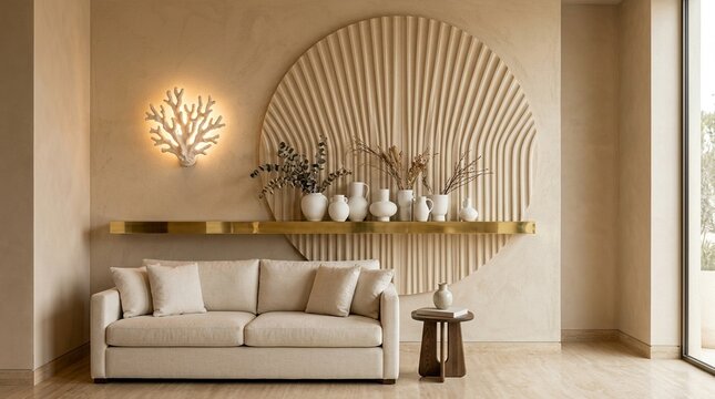 Modern Minimalist Living Room with Beige Decor and Circular Wall Art
