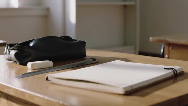 Shifting camera framing wooden desk by sunlit window, showing notebook, ruler, eraser, pencil case