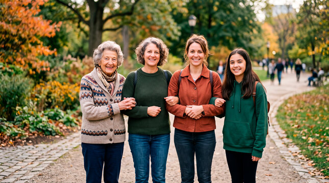 Four women of different generations together in a park during autumn