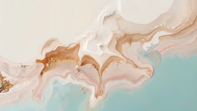 Flowing marbled pigments settling as liquid film moving at art studio, with gold flecks and ridges