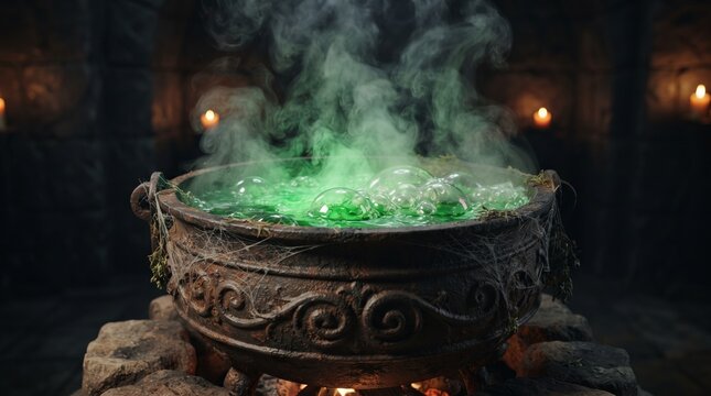 Cauldron bubbling with green liquid and smoke in dark environment for Halloween