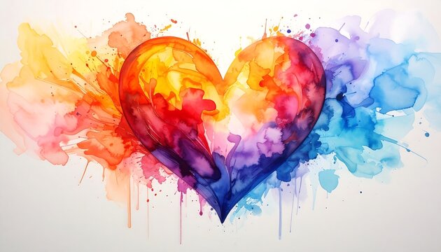 Watercolor Heart Smudge With Vibrant Rainbow Paint Splashes And Artistic Abstract Ink Wash Texture For Creative Design
