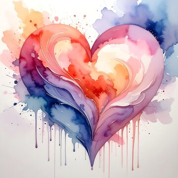 Watercolor Heart Smudge Illustration With Vibrant Paint Drips And Soft Blended Artistic Textures For Romantic Design