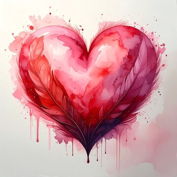 Watercolor Heart Smudge Illustration With Soft Pink Feathers And Artistic Paint Drips on White Background For Romantic Design