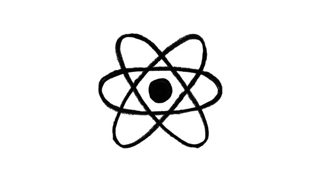 Atom hand drawn doodle symbol with orbital rings line art vector illustration