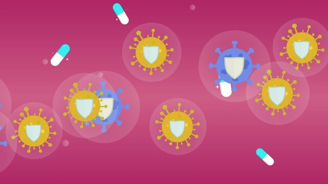 Antibiotic resistant bacteria float in bloodstream with pill and drug resistance shield bubble
