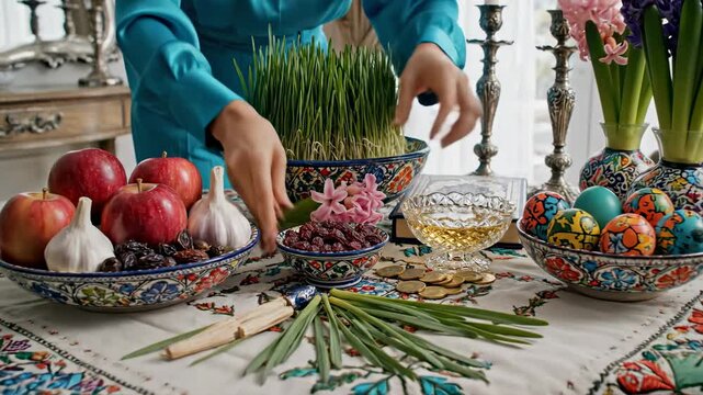 A person wearing a blue shirt arranges festive traditional spreads featuring wheat sprouted grass and colorful decorated eggs during the ancient celebration of the Persian New Year known