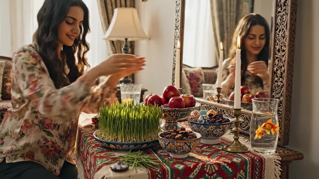 A smiling young woman arranges traditional Nowruz Haft Seen table items at home to celebrate the spring equinox while sitting beside mirrors that reflect her joyful spirit during the festivities