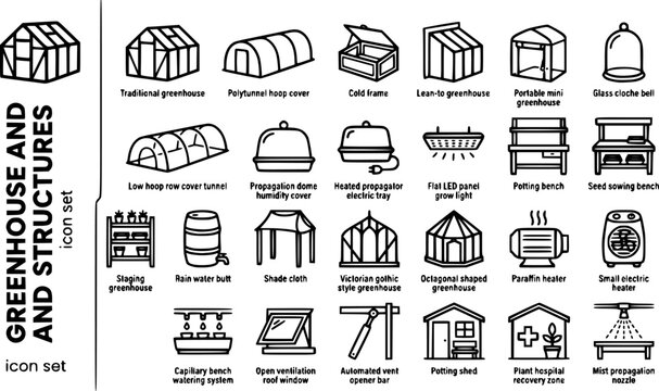 Greenhouse Growing Structure Bold Line Icons-Traditional Greenhouse Polytunnel Cold Frame Lean-To Mini Greenhouse Cloche Row Cover Propagation Dome Heated Propagator-25 Greenhouse Icon Set Vector