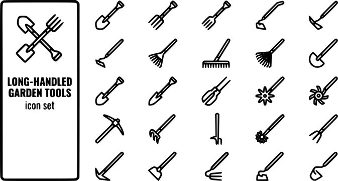 Long-Handled Garden Tools Bold Line Icons-Spade Garden Fork Border Fork Hoe Dutch Hoe Draw Hoe Rake Landscape Leaf Rake Lawn Edger Post Hole Digger-25 Garden Tools Icon Set Vector